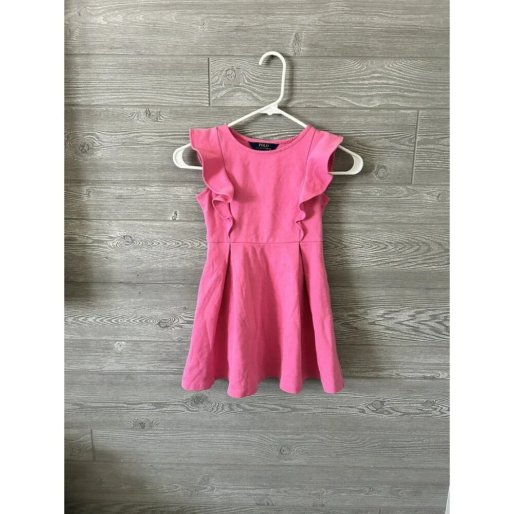 RALPH LAUREN POLO GIRL'S PINK SPRING II PONTE RUFFLE DR KNT DRESS - 7‎